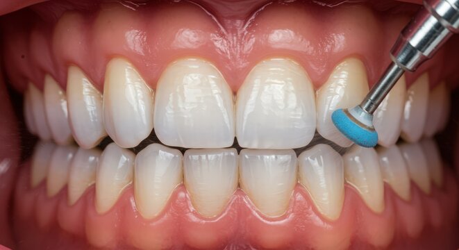Dentist polishing teeth with a blue prophy cup for a clean and healthy smile
