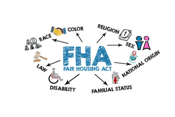 FHA Fair Housing Act Concept. Illustration with icons, keywords and arrows on a white background