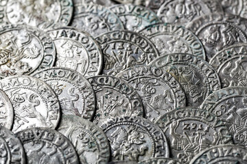 Ancient coins of the Polish King Sigismund III Vasa.A hoard of medieval European gold and silver coins.Numismatics.Collection of old coins.Antikvariat.