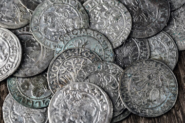 Ancient coins of the Polish King Sigismund III Vasa.A hoard of medieval European gold and silver coins.Numismatics.Collection of old coins.Antikvariat. © bukhta79