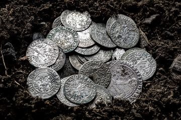 Ancient coins of the Polish King Sigismund III Vasa.A hoard of medieval European gold and silver coins.Numismatics.Collection of old coins.Antikvariat. © bukhta79