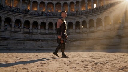Gladiator walks across sunlit arena. Warrior in armor holds sword for battle. Combat unfolds under colosseum arches with spectator watching. Golden sunlight streams through arches. Historic drama. - Powered by Adobe