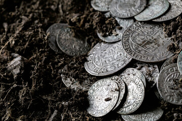 Ancient coins of the Polish King Sigismund III Vasa.A hoard of medieval European gold and silver coins.Numismatics.Collection of old coins.Antikvariat. © bukhta79