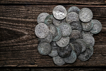 Ancient coins of the Polish King Sigismund III Vasa.A hoard of medieval European gold and silver coins.Numismatics.Collection of old coins.Antikvariat. © bukhta79