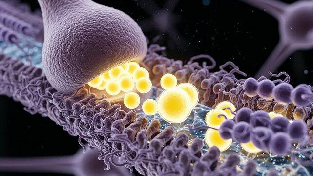 Neurotransmitter release at synapse with glowing vesicles and electrical pulse in action