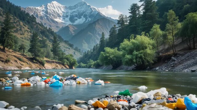 Pollution Crisis: Plastic and Trash Floating in a Contaminated River with Lush Green TreesScenic 4K View of Chenab River Flowing Through Pine Tree Forest in Himalaya Mountains, Himachal Pradesh, India