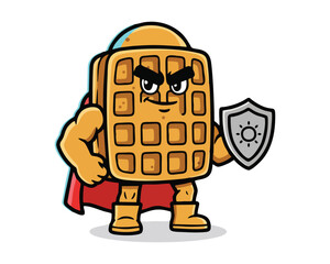 Waffle Superhero Mascot with Shield: Breakfast, Guard, Strength, and Food Warrior