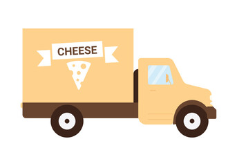 Flat yellow cheese delivery truck on white background, perfect for dairy transport concepts, isolated vector illustration