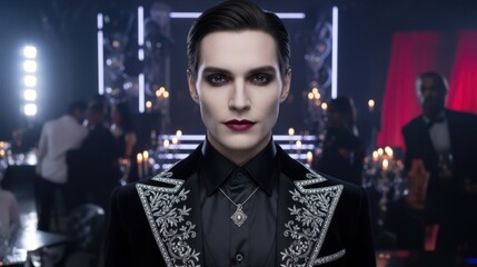 A man in a black suit with red lipstick in a dark room is an atmospheric shot for the theme of vampires, balls and masquerades.