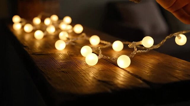 Cozy rustic wood table glowing with string lights creates a warm inviting ambiance for a relaxing evening in a dimly lit room, perfect for lifestyle moments