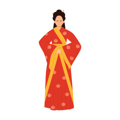 Isolated elegant woman wearing traditional Chinese red hanfu robe with floral patterns vector illustration
