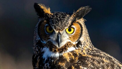 Great horned owl with closeup portrait.