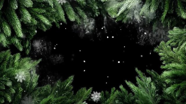 Christmas pine frame with falling snowflakes on black, loop animation