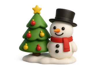 Fototapeta premium Cute 3d clay snowman and festive christmas tree with star and baubles standing on snow, transparent background
