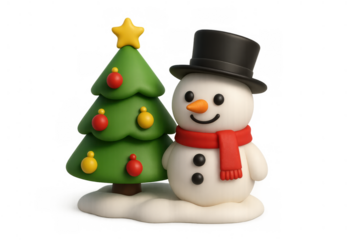 Cute 3d clay snowman and festive christmas tree with star and baubles standing on snow, transparent background