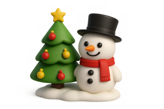 Cute 3d clay snowman and festive christmas tree with star and baubles standing on snow, transparent background