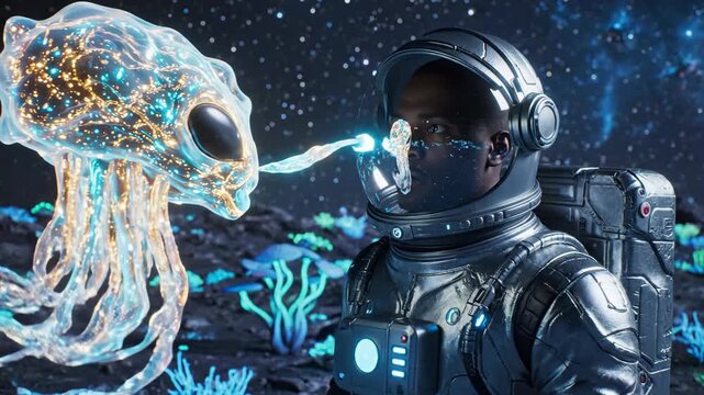 Astronaut Encountering Alien Lifeform - A futuristic scene depicts an astronaut in a silver spacesuit and helmet standing on an alien planet with bioluminescent flora. - Powered by Adobe