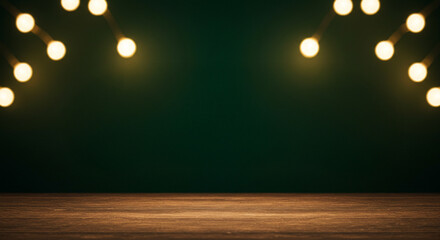 An empty wooden table or surface with a background of warm, golden bokeh fairy lights. A magical and festive background for product placement, text, or holiday designs.