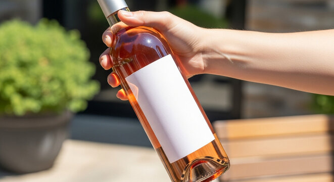 A hand holds a bottle of rosé wine with a blank label against a green garden background. A perfect mockup for wineries, summer events, or beverage branding.