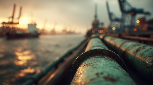 Rusty industrial pipes near port at sunset, blurred background with ships and cranes, light reflections.
