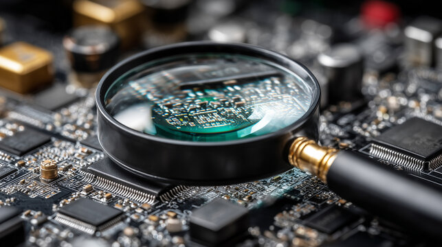 Magnifying glass over microchip, visible board details, golden contacts, electronic components, sharp technological macro shot.
