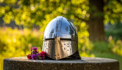 Medieval helmet with flowers in nature.