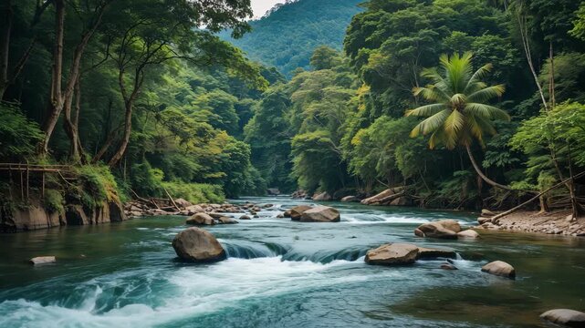Beautiful Forest and Flowing River in Chiang Rai, Thailand - Scenic Landscape Video 1920x1080
