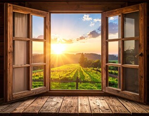 Sunset View from Rustic Wooden Window © fitra