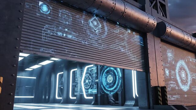 Futuristic Industrial Hangar Bay Door - A view of a semi-opened metal roller door leading into a futuristic industrial facility. Holographic data visualizations are projected onto the shutter door.
