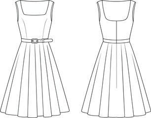 Sleeveless belted dress technical fashion sketch, square neckline, pleated flared skirt, fitted bodice, front and back views, garment construction vector illustration