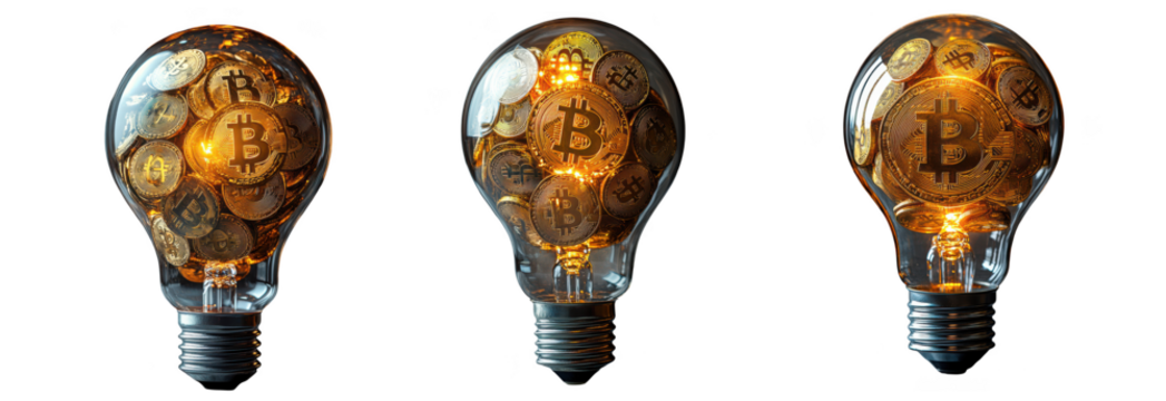 Three glowing incandescent light bulbs with a fiery, molten interior, isolated on transparent background