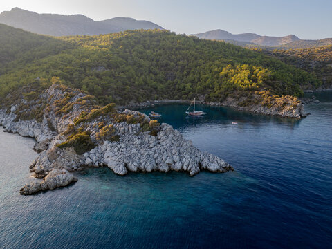 Aerial view of secluded turquoise bay with yachts near Dat&ccedil;a, Turkey