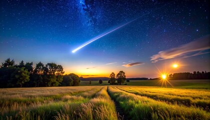 Meteor shower over rural landscape at dawn.