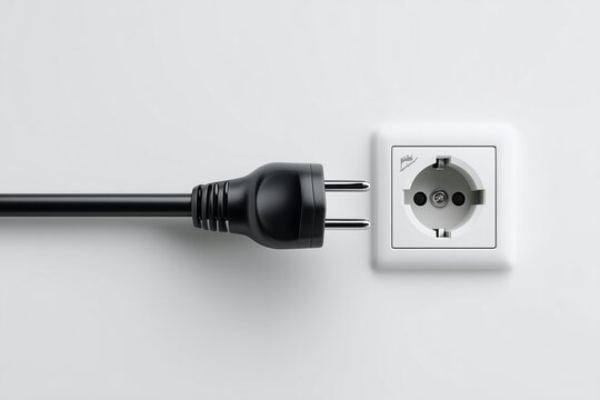 black cable with schuko socket on white horizontal background.