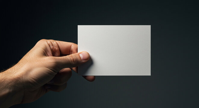 Two hands hold a blank white business card against a dark, moody background. A professional and minimalist mockup for any corporate or creative branding. - Powered by Adobe