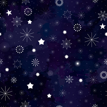 White minimalistic snowflakes on a blue dark background. Whinter seamless pattern. Vector image.