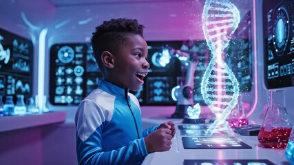Boy looks at DNA structure in a futuristic science lab setting - Powered by Adobe