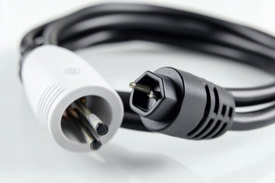 black cable with schuko socket on white horizontal background.