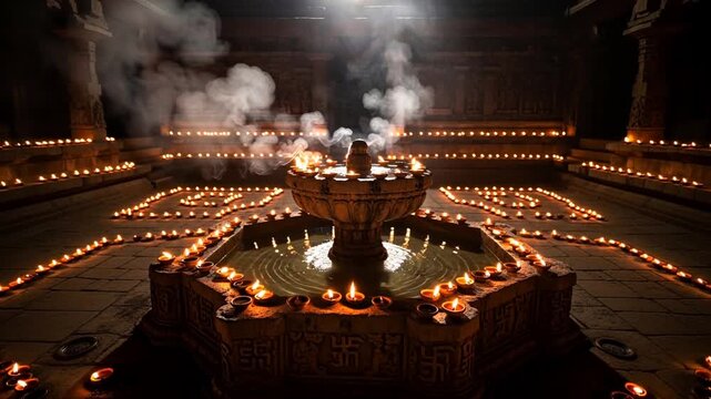 Ancient Courtyard Illuminated by Hundreds of Flickering Oil Lamps and a Central Fountain