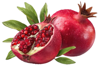 Vibrant red pomegranate, one whole, one split open with arils