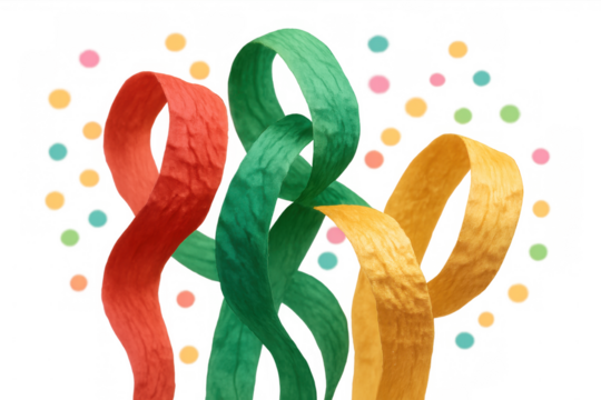 Colorful streamers and festive confetti celebrating a special occasion with a transparent background