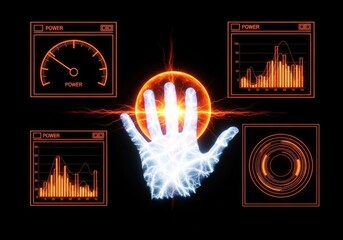 Human hand with energetic power surrounded by digital interface displays. Concept of energy, control, and future technology.