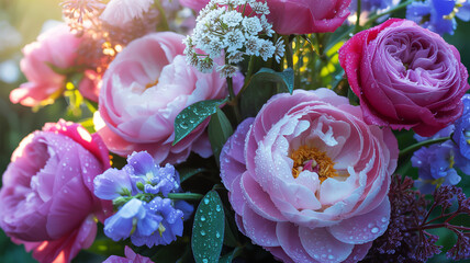 Close-up of a stunning bouquet of pink and purple peonies and roses with water droplets