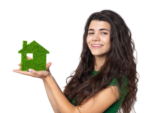 Happy house buyer. A young girl holds a model of a green house in her hands. The concept of green energy, ecology.