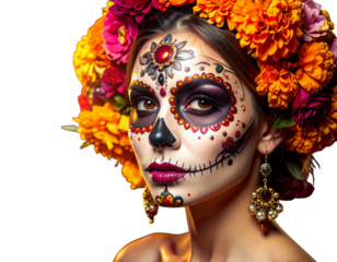 Woman with intricate dia de los muertos sugar skull makeup and flower crown