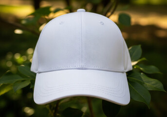 Mockup of a blank white baseball cap in a sunny, green garden setting. A versatile and clean template for apparel branding, logos, or embroidery designs.