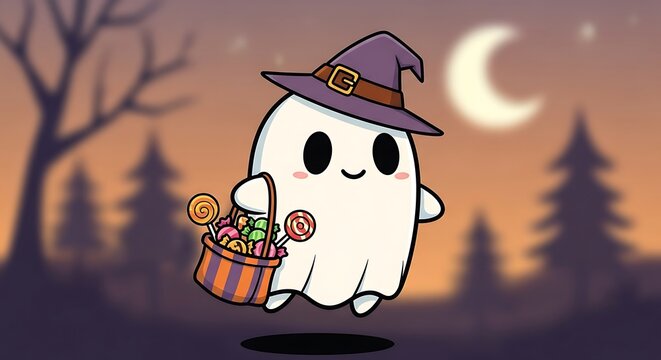 Cute cartoon ghost with a witch hat trick or treating on Halloween night.