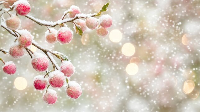 Winter berries covered in snow on branch with bokeh background