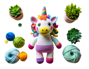 Adorable crochet unicorn toy surrounded by yarn and potted succulents