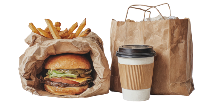 Burger, fries, coffee, and paper bag for takeout meal